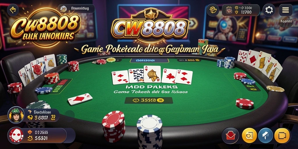 Tampilan gameplay seru CW8888 dengan berbagai pemain poker.