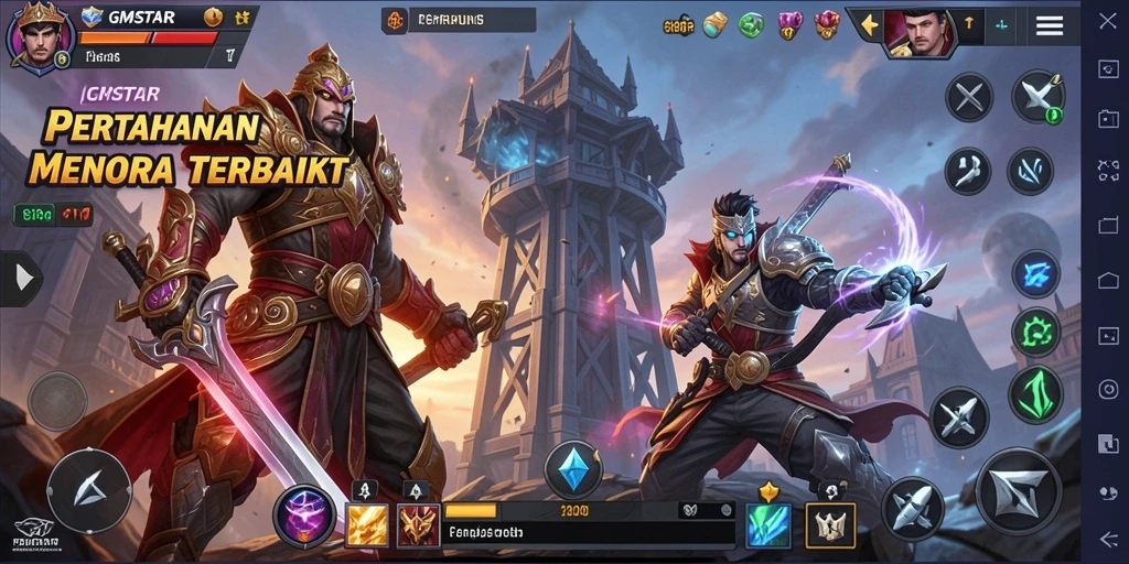 Tangkapan layar gameplay menampilkan menara bertahan di medan perang.